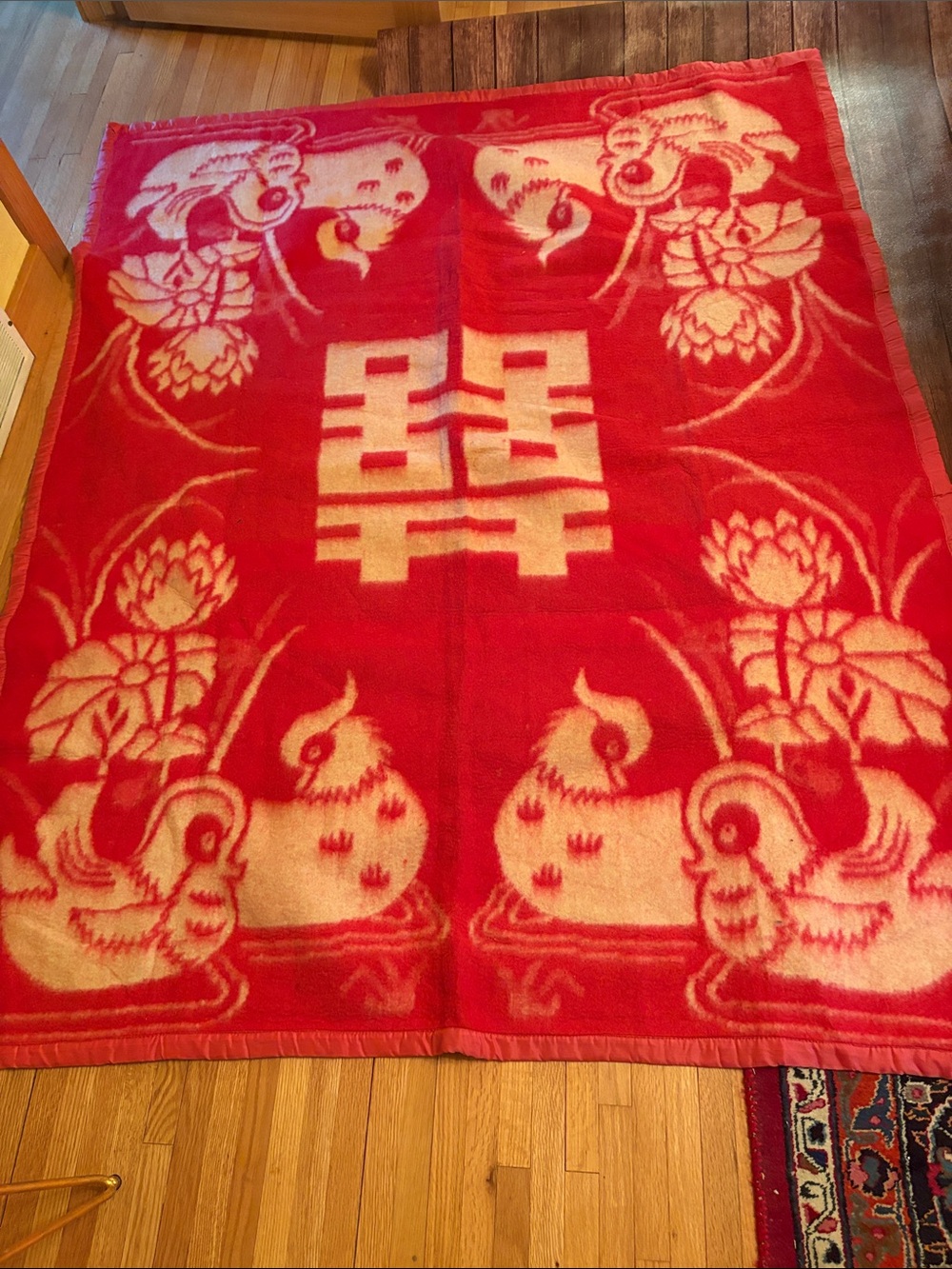 Vintage 2 Sided Chinese Wool Wedding Blanket with Lotus and Mandarin Ducks